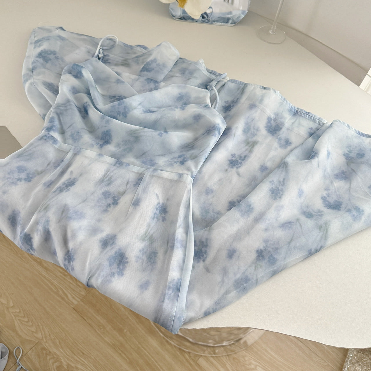 Robe de déesse en mousseline de soie, longue et courte, style romantique d'été bleu, col licou, pour femme, DP0007