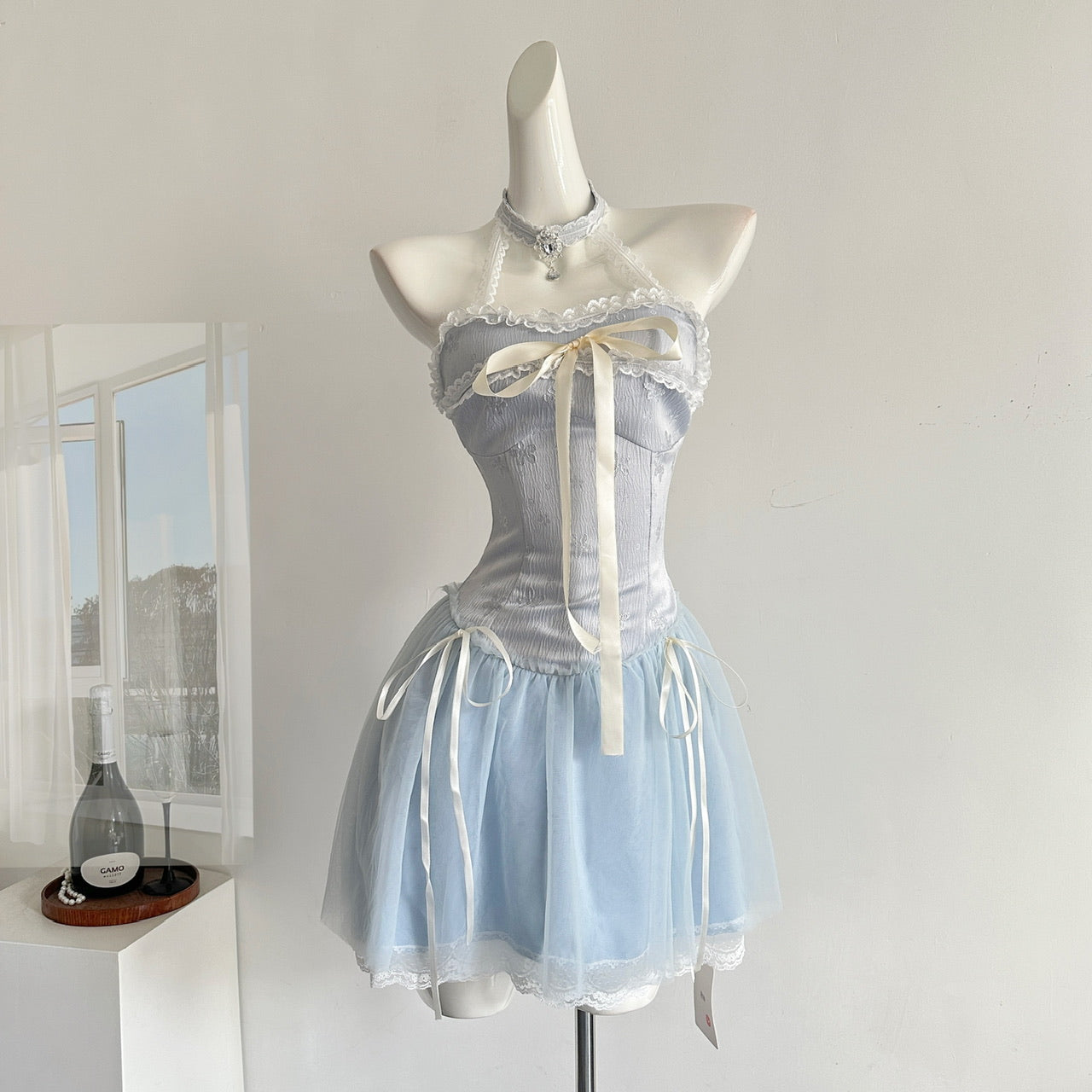 Robe d'été sexy à col licou, coupe trapèze, bleue, pour les fêtes, les retrouvailles, les anniversaires, pour adolescentes, DP1401
