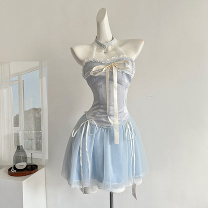 Robe d'été sexy à col licou, coupe trapèze, bleue, pour les fêtes, les retrouvailles, les anniversaires, pour adolescentes, DP1401