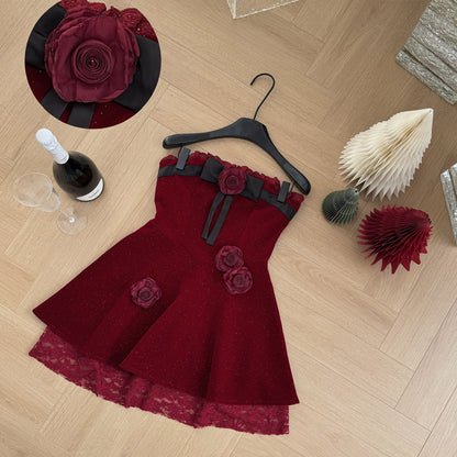 Sexy A line Strapless Summer Burgundy Velvet Dress Holiday Party Outfits For Women DP0028