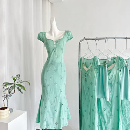 Tea Break French Puff Sleeve Hollow First Love Fishtail Dress 3-Piece Set DP0004