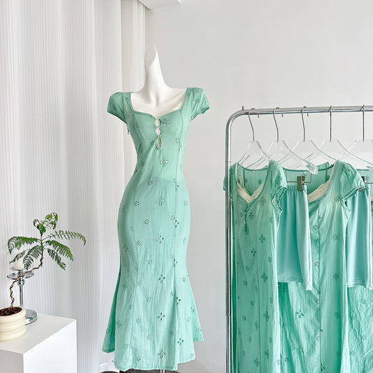 Tea Break French Puff Sleeve Hollow First Love Fishtail Dress 3-Piece Set DP0004