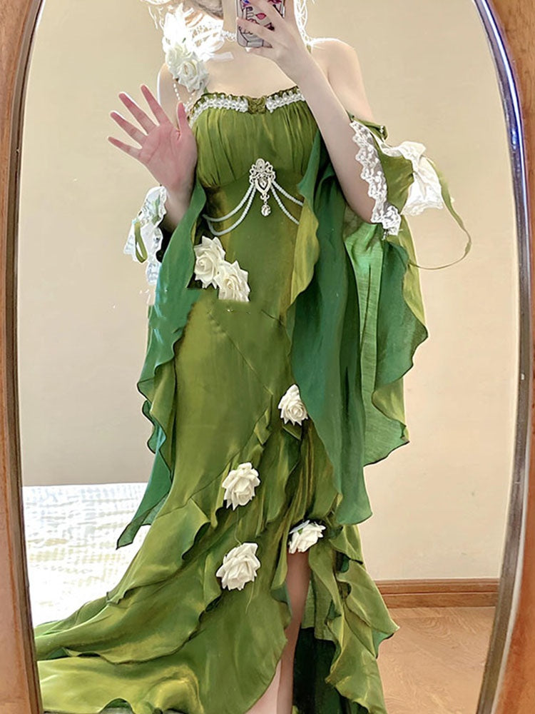 Robe vintage à bretelles spaghetti, verte, avec manches, style Lolita, en satin, pour 16e anniversaire, DP0223