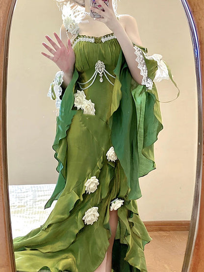 Robe vintage à bretelles spaghetti, verte, avec manches, style Lolita, en satin, pour 16e anniversaire, DP0223