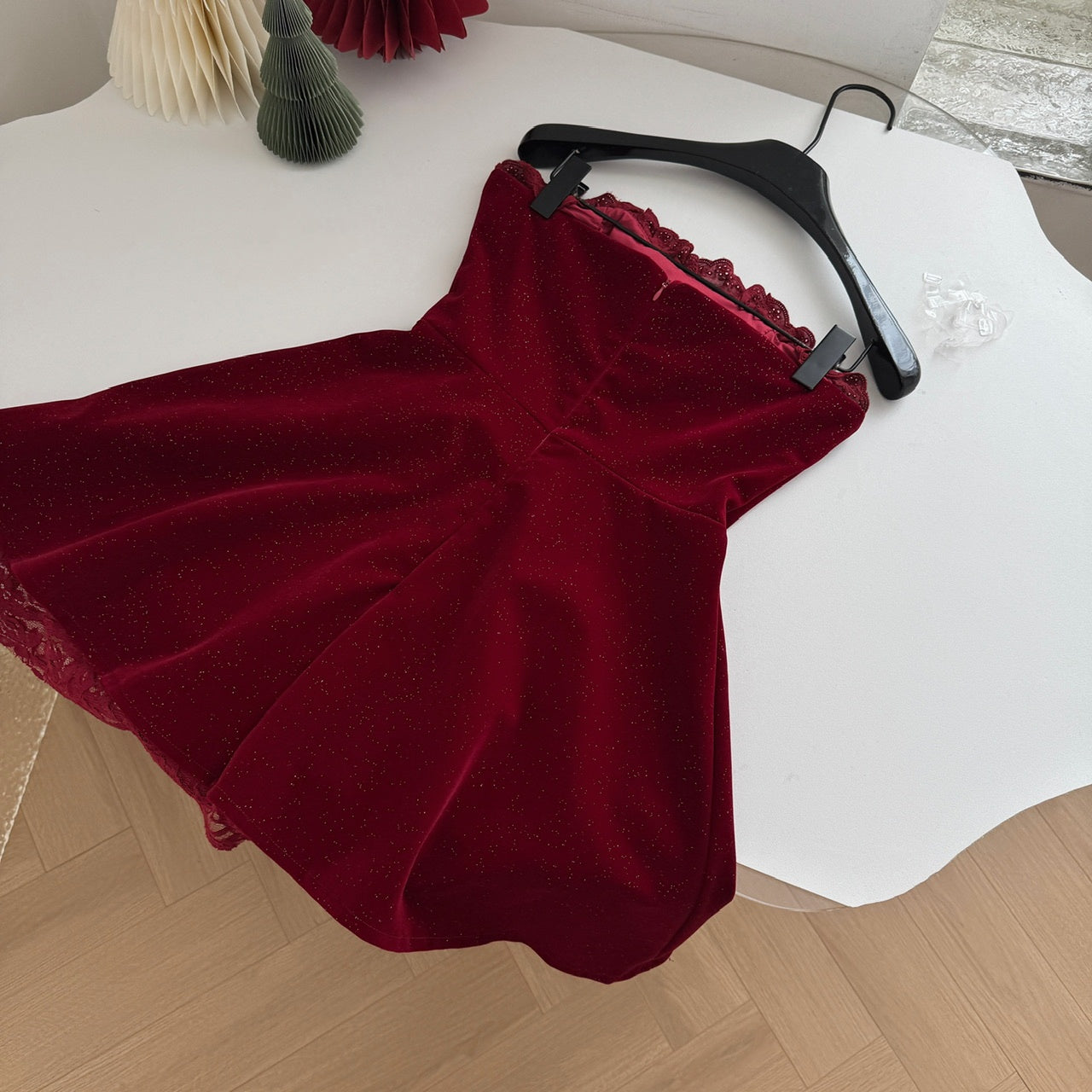Sexy A line Strapless Summer Burgundy Velvet Dress Holiday Party Outfits For Women DP0028