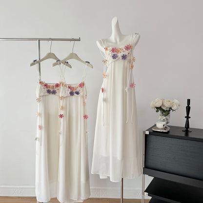 Cute A Line Spaghetti Straps Floral White Chiffon Summer Dress Holiday Party Outfits For Girls DP0130