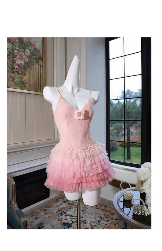 Simple A line Spaghetti Straps Pink Tulle Short Formal Homecoming Dresses Party Graduation Dress Hoco Dresses DH2757