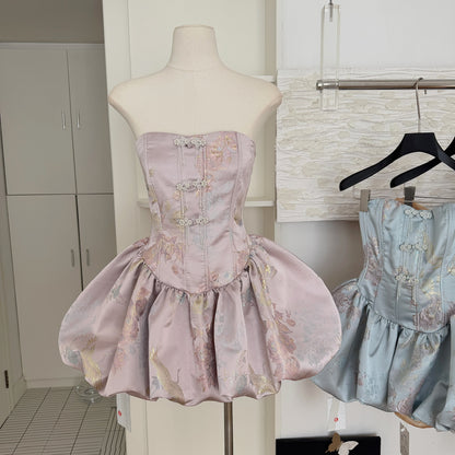 Robe de bal mignonne sans bretelles en satin rose à fleurs, courte, tenue d'été pour les fêtes et les vacances, DP0097