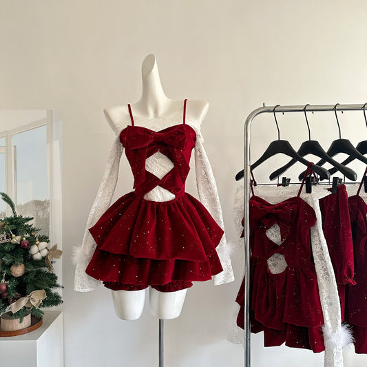 Robe d'été 3 pièces en velours rouge à bretelles spaghetti et volants pour femme, tenue de fête et de vacances DP0092