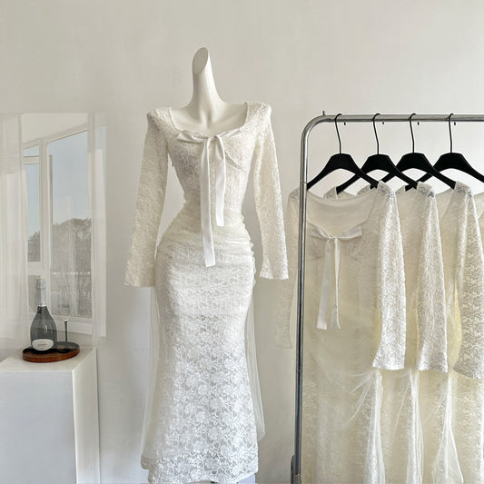 Robe d'été sexy sirène en dentelle blanche à fleurs, décolleté carré, tenue de fête pour femmes, DP0106