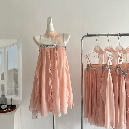 Robe d'été courte en mousseline de soie rose à bretelles spaghetti, tenue de soirée pour femmes, DP0102