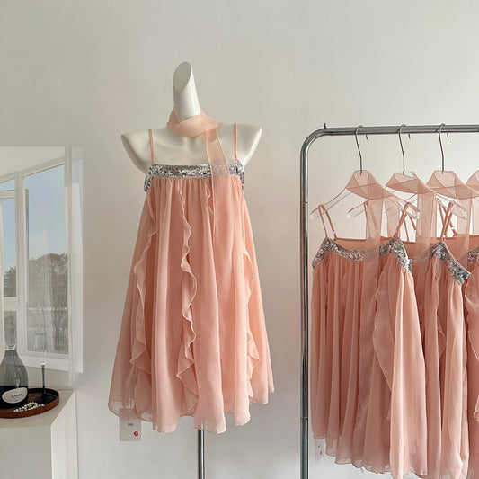 Robe d'été courte en mousseline de soie rose à bretelles spaghetti, tenue de soirée pour femmes, DP0102