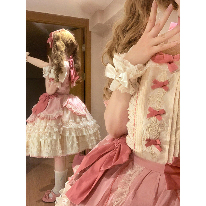 Sweet Ball Gown Square Neck Short Sleeves Gothic Pink Lace 16th Birthday Dress Lolita Dress Birthday Outfits W1118