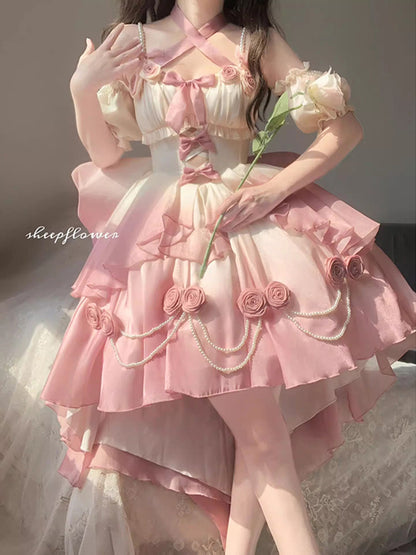 Vintage Ball Gown Halter Short Sleeves 16th Ombre Pink Birthday Dress Lolita Dress Birthday Outfits W1125