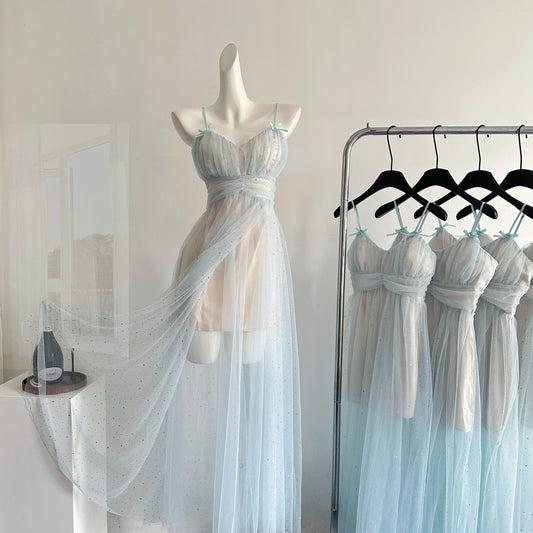 Sexy A Line Spaghetti Straps Blue Tulle Summer Dress Holiday Party Birthday Outfits For Teens DP0142
