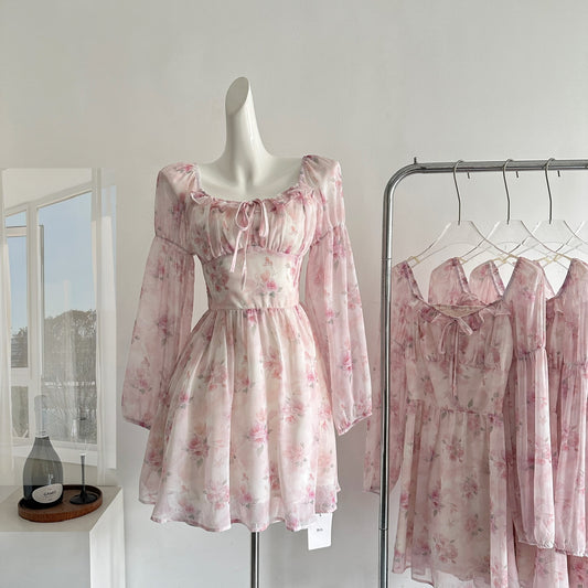 Robe d'été courte rose à fleurs, décolleté carré, coupe trapèze, tenue de fête, d'anniversaire, DP0139