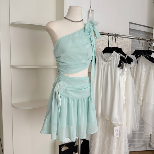 Robe d'été courte en mousseline de soie verte, asymétrique, coupe trapèze, tenue de fête, d'anniversaire, DP0147