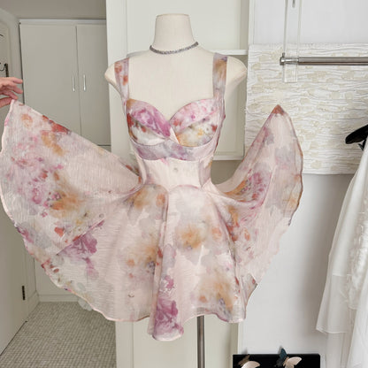 Robe d'été courte rose à bretelles trapèze, motif floral, tenue de fête, d'anniversaire, DP0138