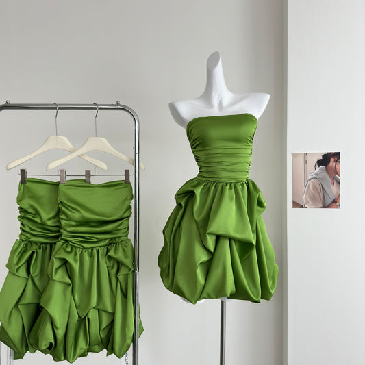 Robe d'été courte en satin vert, coupe trapèze, sans bretelles, tenue de fête, d'anniversaire, DP0145