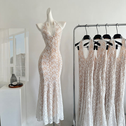 Robe d'été sexy en dentelle blanche avec décolleté en V et sirène, tenue de fête, d'anniversaire, pour adolescentes, DP0143