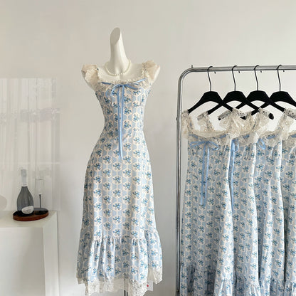 Sexy A line Straps Floral Blue Summer Dress Holiday Party Birthday Outfits For Women DP0144