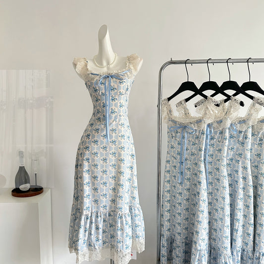 Sexy A line Straps Floral Blue Summer Dress Holiday Party Birthday Outfits For Women DP0144
