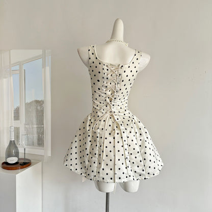 Robe de bal sexy en satin ivoire à pois, décolleté carré, courte, tenue d'été pour les fêtes et les vacances, DP0120