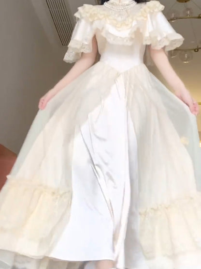 Elegant A line High Neckline Short Sleeves 16th Birthday Dress Lolita Dress White Birthday Outfits DP0214