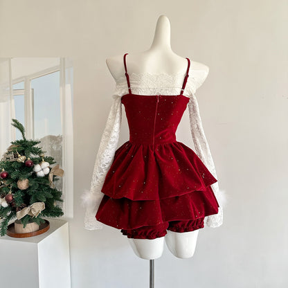 Robe d'été 3 pièces en velours rouge à bretelles spaghetti et volants pour femme, tenue de fête et de vacances DP0092