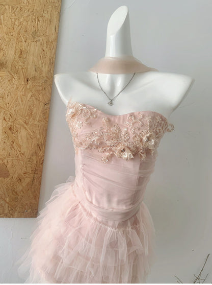 Robe d'été 2 pièces en tulle rose à bretelles spaghetti et volants, tenue de fête pour femmes, DP0094