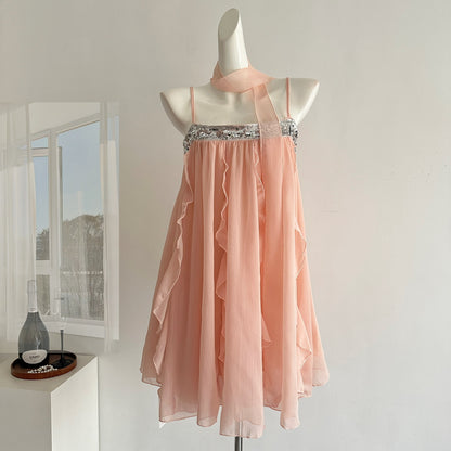 Robe d'été courte en mousseline de soie rose à bretelles spaghetti, tenue de soirée pour femmes, DP0102