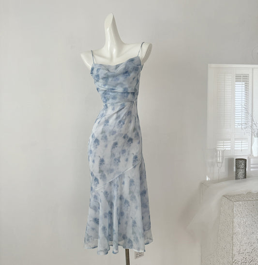 Robe de déesse en mousseline de soie, longue et courte, style romantique d'été bleu, col licou, pour femme, DP0007