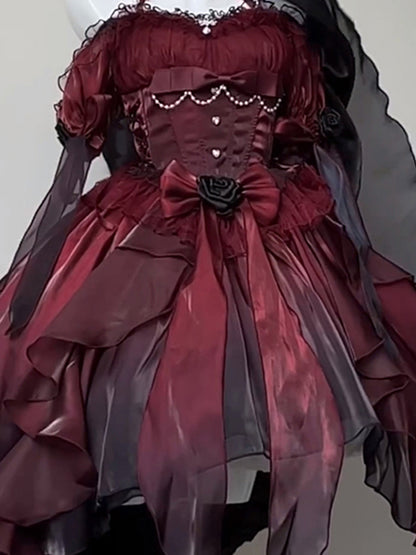Magnifique robe Lolita en mousseline de soie à manches courtes et épaules dénudées, motif floral rose bordeaux, tenue d'anniversaire pour 16 ans, W1224