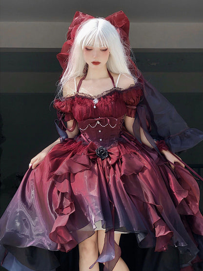Magnifique robe Lolita en mousseline de soie bordeaux à manches courtes et épaules dénudées, motif floral, tenue d'anniversaire pour 16 ans, W1222