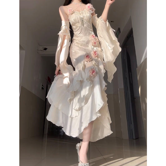 Vintage High Low Spaghetti Straps Ivory 16th Birthday Dress Lolita Dress Satin Birthday Outfits DP0227