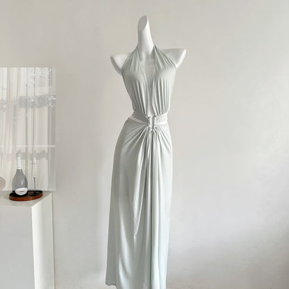 Sexy A line Halter Light Green Backless Summer Dress Holiday Party Dress Birthday Outfits For Teens DP0152