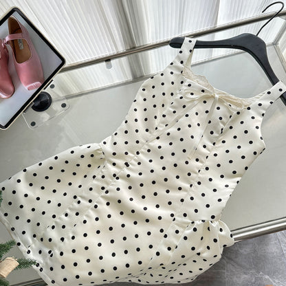 Robe de bal sexy en satin ivoire à pois, décolleté carré, courte, tenue d'été pour les fêtes et les vacances, DP0120