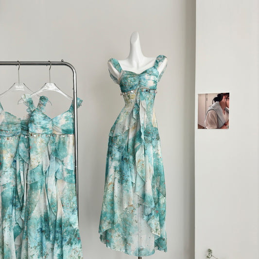 Robe d'été sexy sirène carrée à fleurs vertes, tenue de fête, d'anniversaire, pour femmes, DP0127