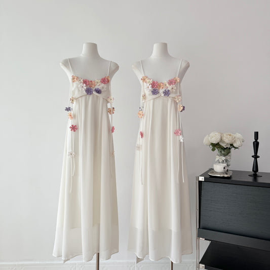 Cute A Line Spaghetti Straps Floral White Chiffon Summer Dress Holiday Party Outfits For Women DP0129