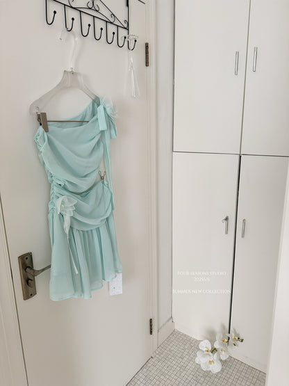 Robe d'été courte en mousseline de soie verte, asymétrique, coupe trapèze, tenue de fête, d'anniversaire, DP0147