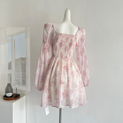 Robe d'été courte rose à fleurs, décolleté carré, coupe trapèze, tenue de fête, d'anniversaire, DP0139