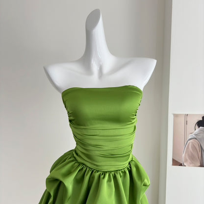 Robe d'été courte en satin vert, coupe trapèze, sans bretelles, tenue de fête, d'anniversaire, DP0145