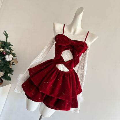 Robe d'été 3 pièces en velours rouge à bretelles spaghetti et volants pour femme, tenue de fête et de vacances DP0092