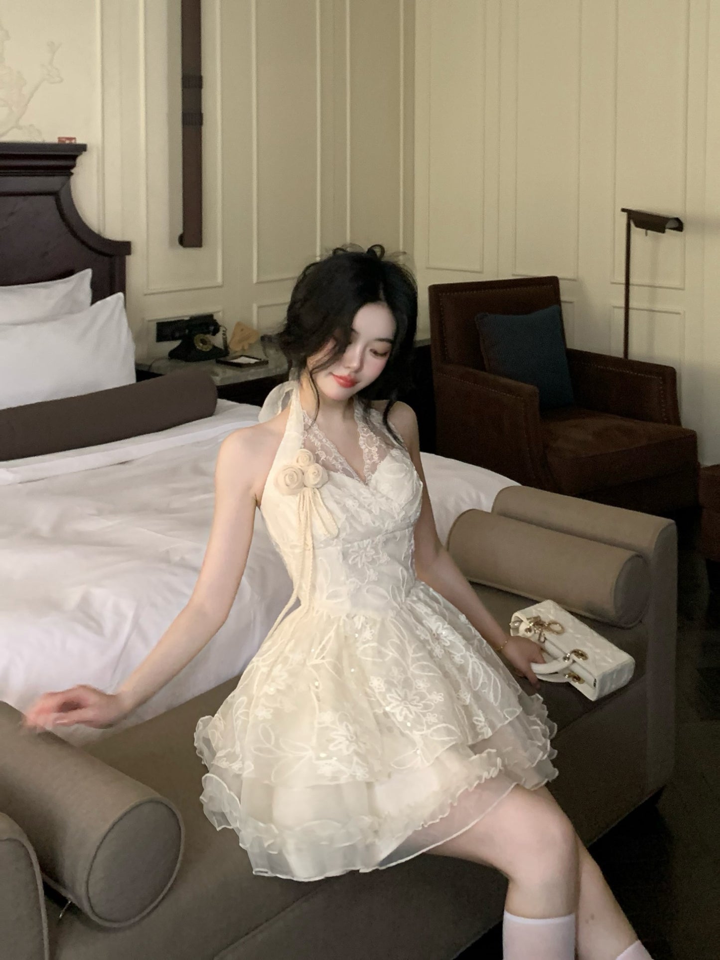 Pretty Ball Gown Halter Ivory Lace Short Mini Formal 8th Grade Homecoming Dresses Summer Middle School Hoco Dress Homecoming Outfits DH682