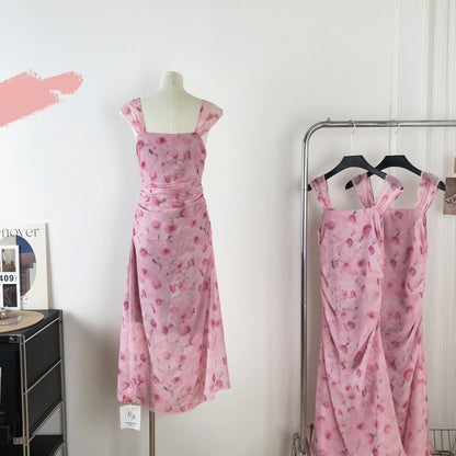Sexy Sheath Straps Floral Pink Summer Dress Holiday Party Outfits For Women DP0103