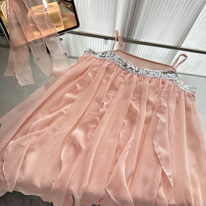 Robe d'été courte en mousseline de soie rose à bretelles spaghetti, tenue de soirée pour femmes, DP0102