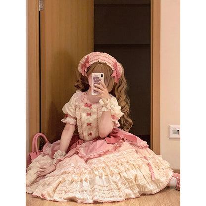 Sweet Ball Gown Square Neck Short Sleeves Gothic Pink Lace 16th Birthday Dress Lolita Dress Birthday Outfits W1118