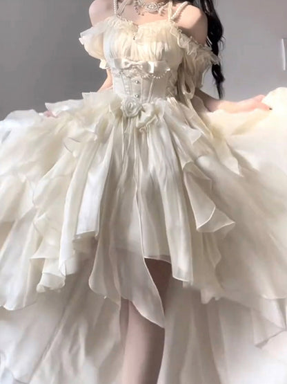 Robe vintage Lolita en mousseline de soie, manches courtes, épaules dénudées, pour 16e anniversaire, tenue d'anniversaire W1130