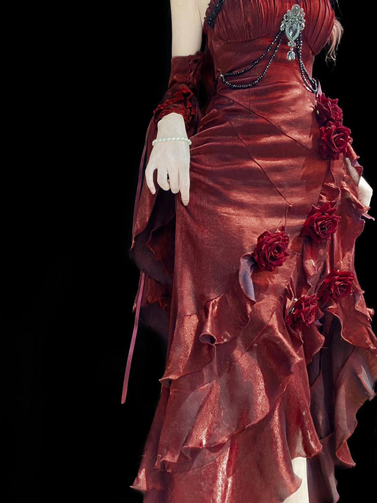 Robe sirène vintage à bretelles spaghetti bordeaux, style été 18e, rouge vin, avec manches, robe Lolita d'anniversaire, tenues d'anniversaire W1123