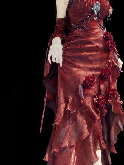 Robe sirène vintage à bretelles spaghetti bordeaux, style été 18e, rouge vin, avec manches, robe Lolita d'anniversaire, tenues d'anniversaire W1123